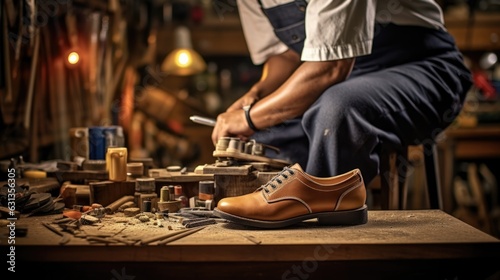 meticulous shoemaker crafting a shoe in a traditional workshop generative ai