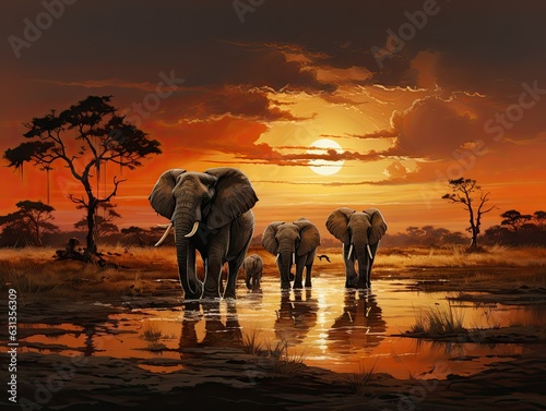 Family of Elephants Crossing Savannah at Sunset