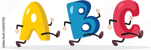 Funny Letters Characters Running Together Vector Cartoon illustration. Cheerful A, B, C having fun in educational concept banner 
