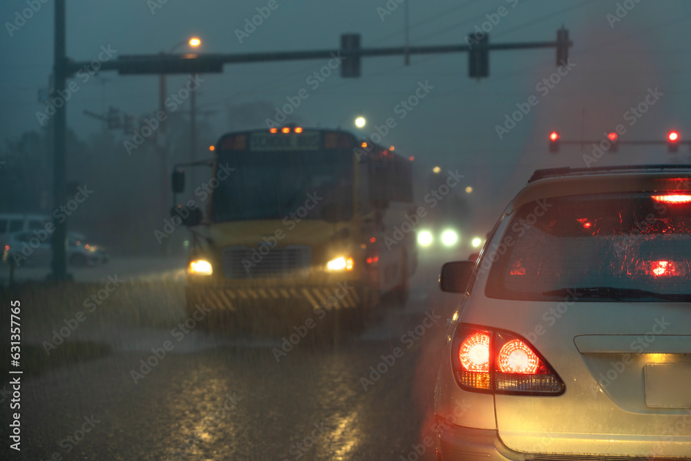 Cars waiting at traffic light at night during rain falling on american wide multilane street intersection. Transportation system in USA