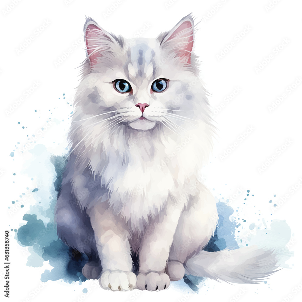 Delicate White Background Cat Watercolor Illustration