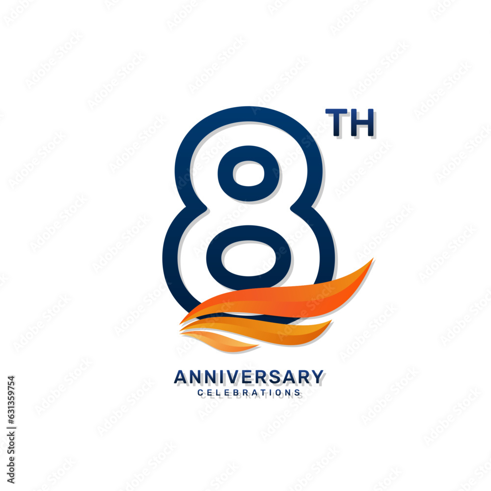 Obraz premium 8th anniversary logo in a simple and luxurious style with blue numbers and orange wings, vector template