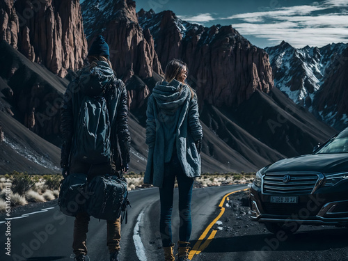 Young couple stands with car on the road surrounded by the serene beauty of nature with mountains towering in the background, creating a romantic and picturesque scene.