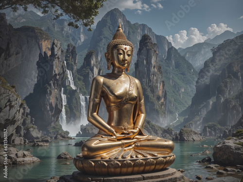 Serene large Buddha statue stands in perfect harmony with the surrounding mountains and cascading waterfalls  creating a captivating sight of spiritual and natural beauty.