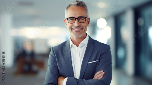 Grinning with assurance. The embodiment of elegance and style, this accomplished corporate figure serves as a triumphant CEO and executive manager, sporting eyeglasses. Generative AI