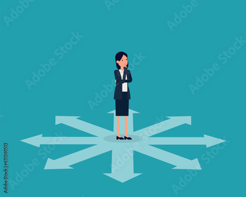 Person confused by direction signs. Business direction and choice concept.