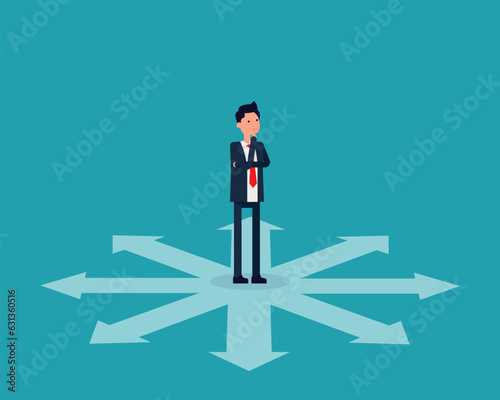 Person confused by direction signs. Business direction and choice concept.