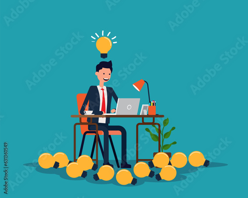 Businessman creativng a lot of idea bulbs. Knowledge and Thinking concept