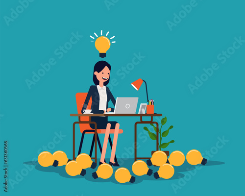 Businesswoman creativng a lot of idea bulbs. Knowledge and Thinking concept