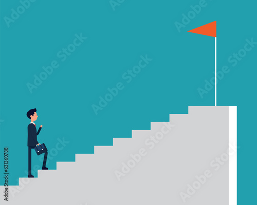Business leader up the stairs with flag. Personal success concept