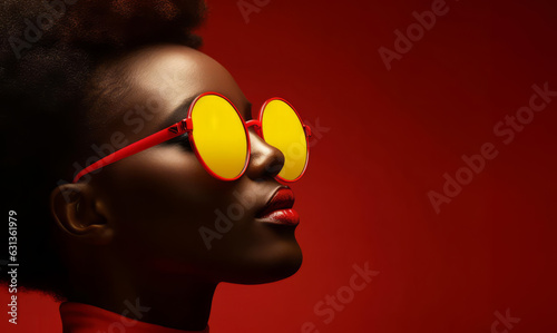 An african woman wearing sunglasses against a red background. Wearing vibrant color yellow clothing. Pop culture and fashion photography.