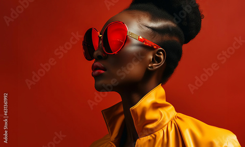 An african woman wearing oversized reflective sunglasses against a red background. Wearing vibrant color yellow clothing. Pop culture and fashion photography. Hyper real saturated colour.