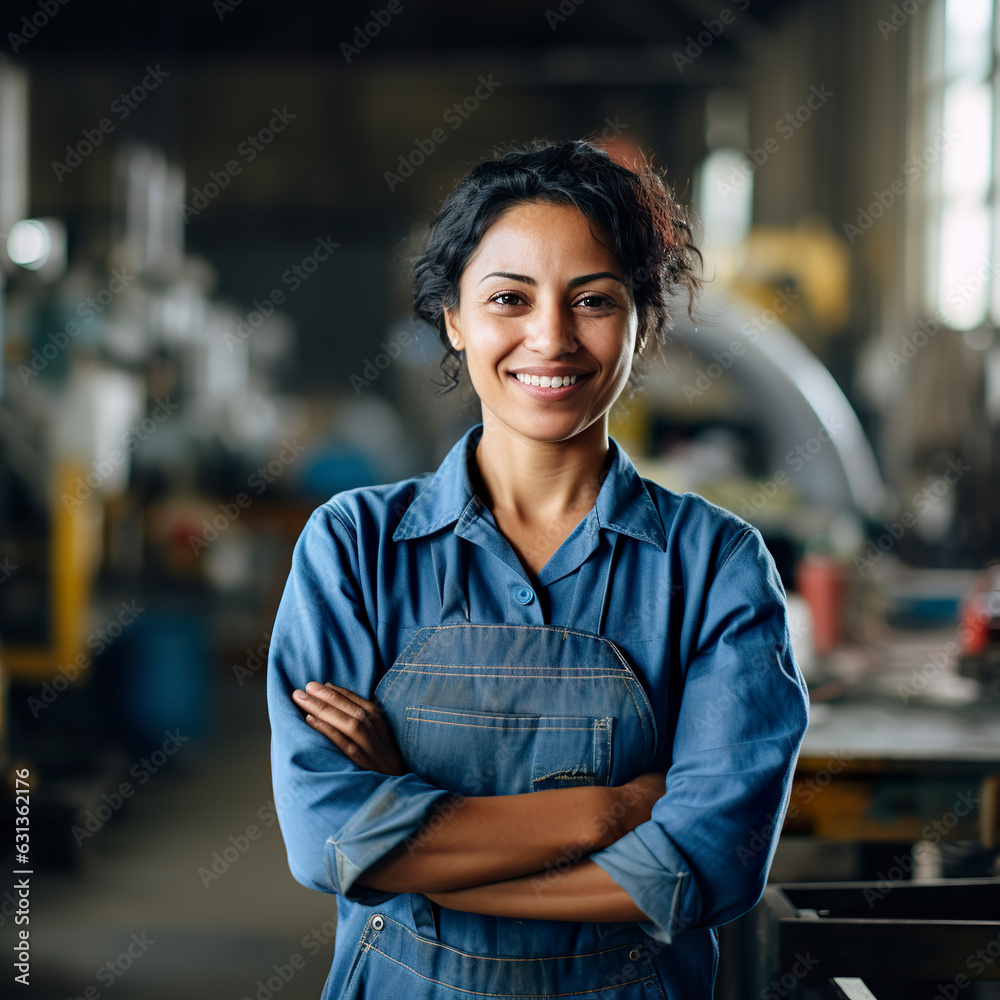 In an industrial setting, a cheerful Hispanic woman, employed as a factory worker, radiates positivity as she strikes a pose for the camera. Generative AI In an industrial setting, a cheerful Hispanic woman, employed as a factory worker, radiates positivity as she strikes a pose for the camera. Generative AI