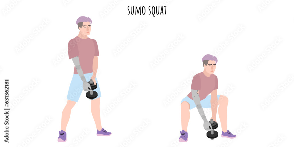 Man with a prosthetic hand doing sumo squat Man with a prosthetic hand doing sumo squat