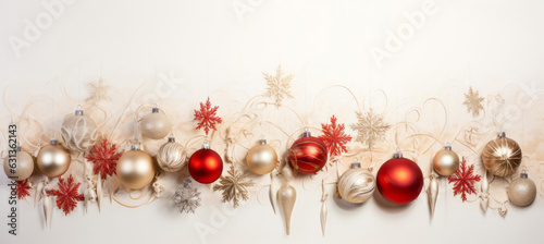 A collection of festive christmas baubles. For use as a christmas card or Christmas themed newsletter header. Christmas decorations.