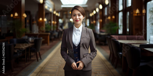 A friendly businesswoman. Concierge. Receptionist.  Standing and smiling. Six star hotel lobby, bar, in Asia. Business attire. Womens suit. Smart business.