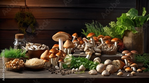 An assortment of foraged mushrooms spread out on a rustic wooden table. Generative AI © Jane Kelly