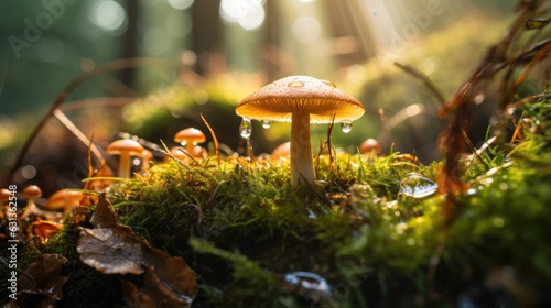 Close-up of a mushroom with visible dew drops, lit by soft morning forest light. Generative AI
