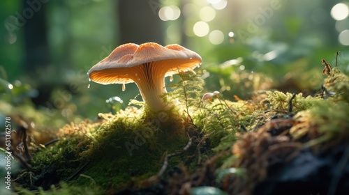 Mushroom captured up close in its natural forest setting. Generative AI