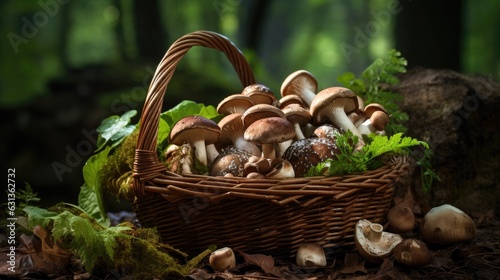 Various types of mushrooms gathered in a rustic basket on a forest floor. Generative AI