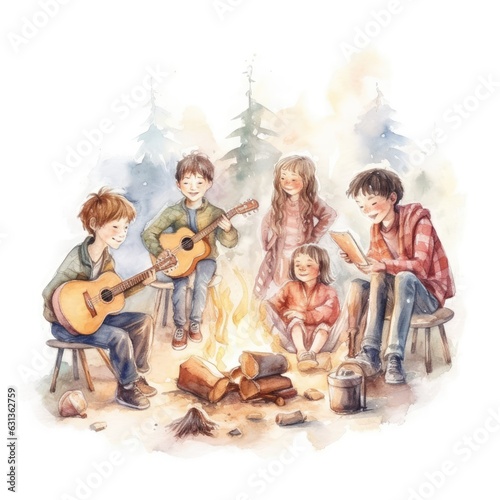 watercolor of a group of kids playing music around a campfire