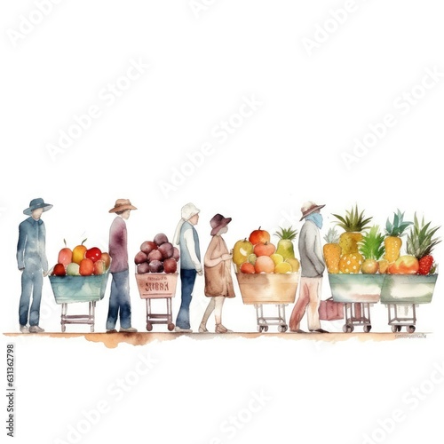 watercolor of a people shopping fruits and vegetables