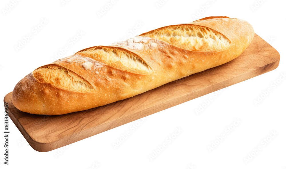 Long baguette on cutting board isolated on transparent background, traditional French bread