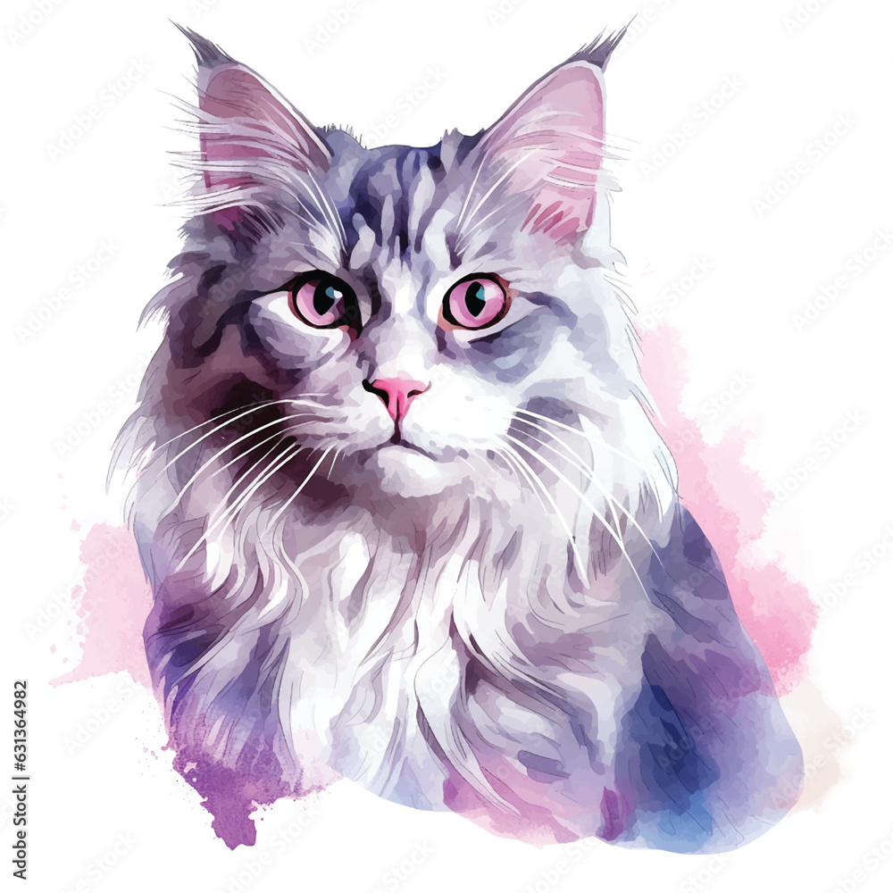 Dreamy Cat Pose in Watercolor on a White Canvas
