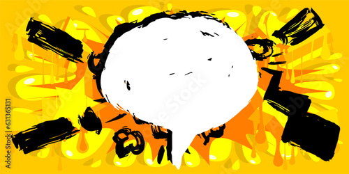 White Graffiti speech bubble on yellow and black background. Abstract modern Messaging sign street art decoration, Discussion icon performed in urban painting style.