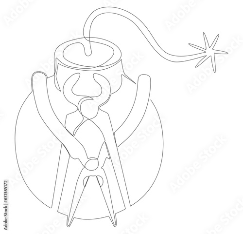 One continuous line of Bomb with Pliers. Thin Line Illustration vector concept. Contour Drawing Creative ideas.