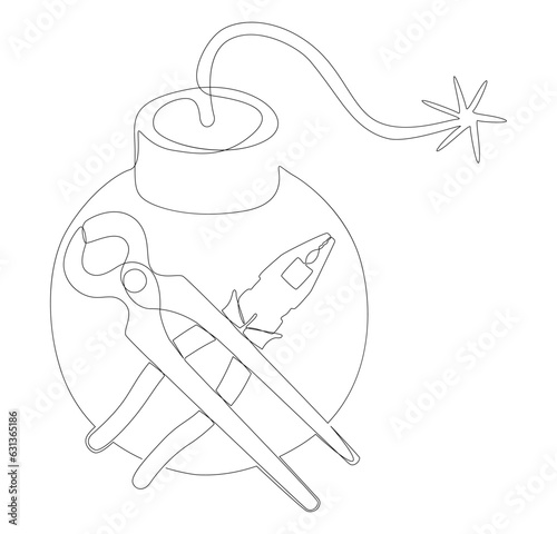 One continuous line of Bomb with Pliers. Thin Line Illustration vector concept. Contour Drawing Creative ideas.