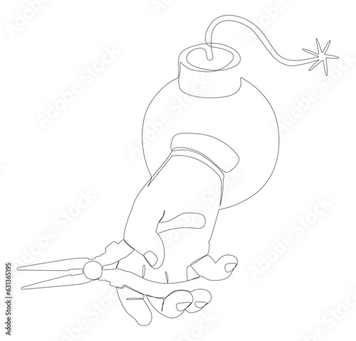 One continuous line of Bomb with Pliers. Thin Line Illustration vector concept. Contour Drawing Creative ideas.
