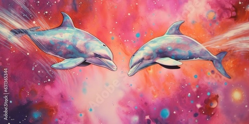 Photography An airbrush painting of 1980s dolphins floating in minimal space style