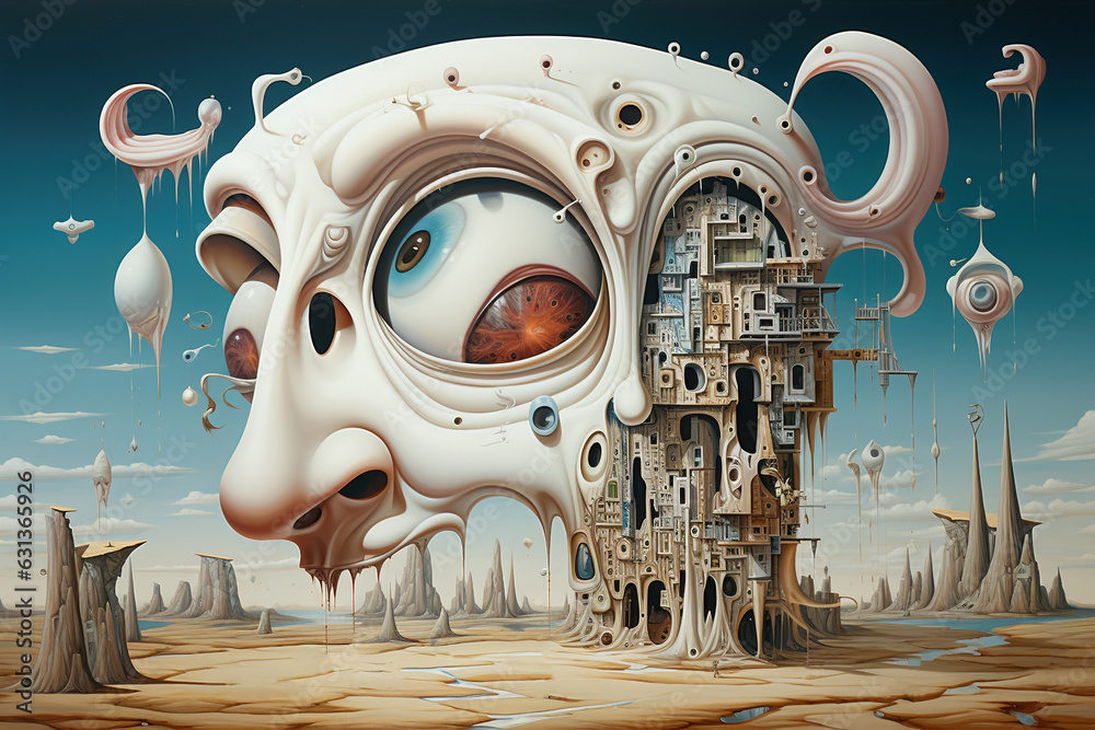 Madness illustration surrealism postmodernism art. Big scary male bald head in the desert - obrazy, fototapety, plakaty 