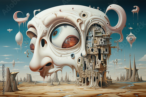 Madness illustration surrealism postmodernism art. Big scary male bald head in the desert photo