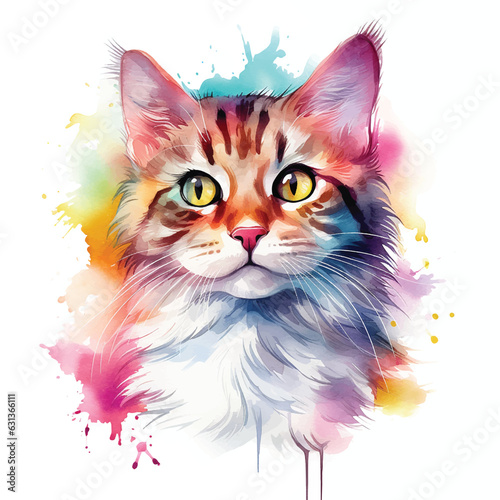 Splendid Watercolor Cat Pose against White Background