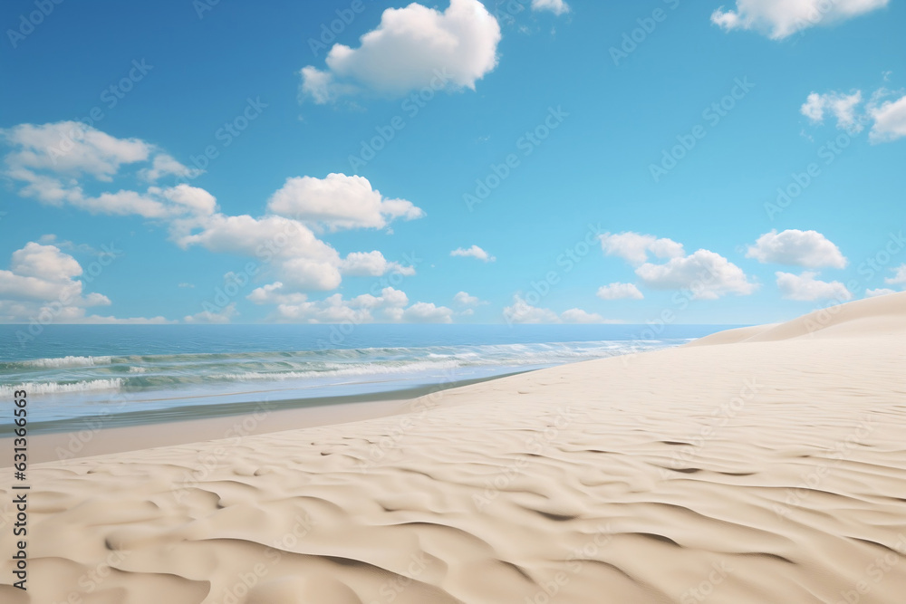 Sea beach with white sand beach blue sky with clouds, Summer Holiday background, AI generate