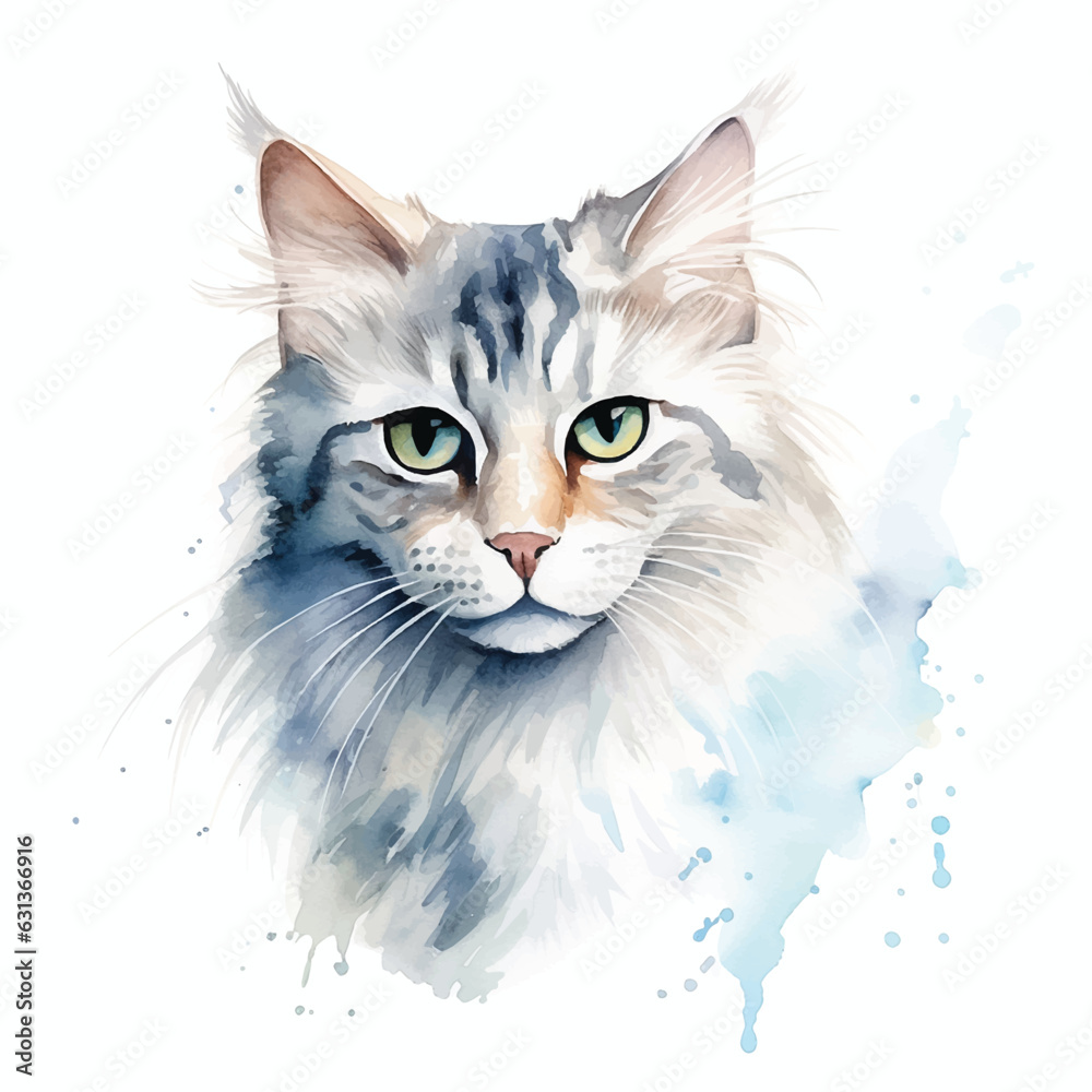 Dreamy Watercolor Cat Pose with White Background