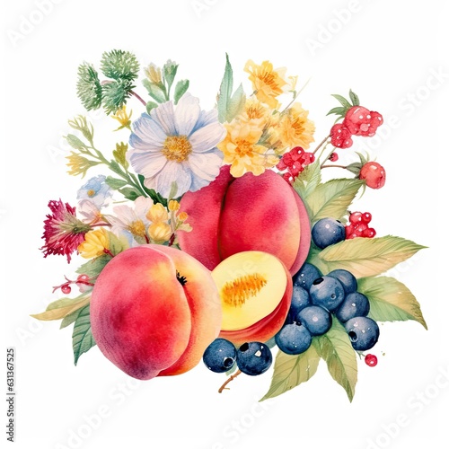 watercolor of A summer fruits and flowers