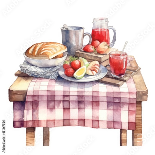 watercolor of A red and white checkered tablecloth on a wooden picnic table