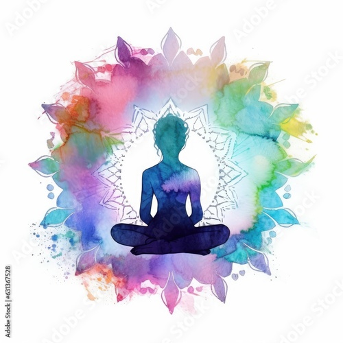 watercolor of A silhouette of a person meditating with a mandala