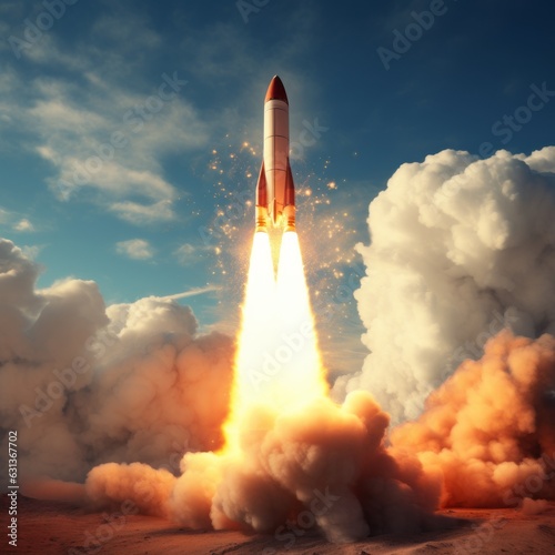 A rocket blasting off into space. Rocket successfully launched into space against blue sky. 