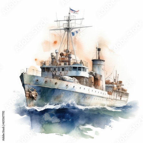 watercolor of a warship with soldiers on board