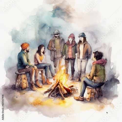watercolor people gathered around a bonfire © dhony