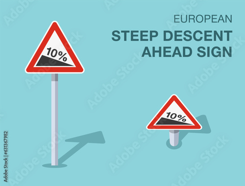 Traffic regulation rules. Isolated european steep descent ahead sign. Front and top view. Flat vector illustration template.