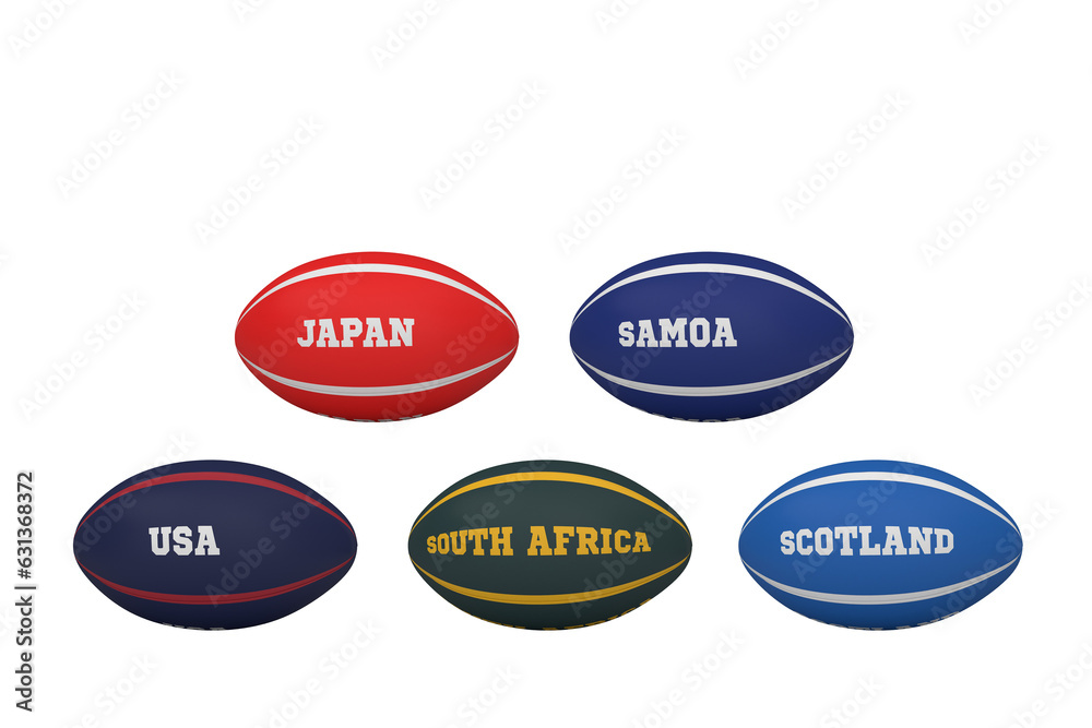 Digital png illustration of rugby balls with names of countries on