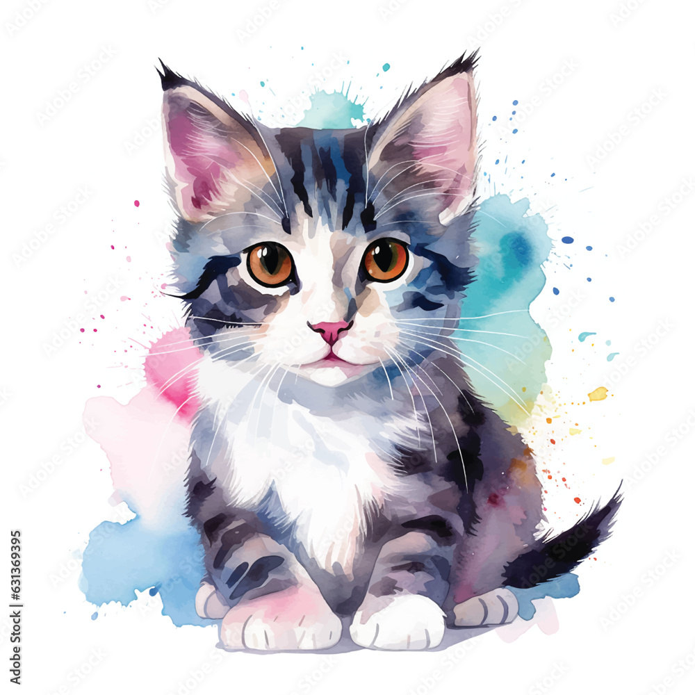 Whimsical Watercolor Cat Illustration on a White Background