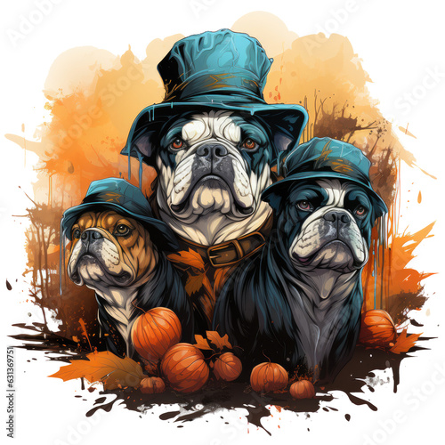 An English Bulldog Halloween t-shirt design showcasing a group of bulldogs dressed as classic horror movie, Generative Ai