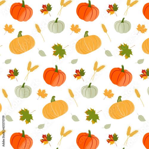 Autumn seamless pattern with yellow and orange pumpkins, maple leaves and ears of wheat and rye on a white background. Bright vector illustration for thanksgiving and harvest festival. Halloween print