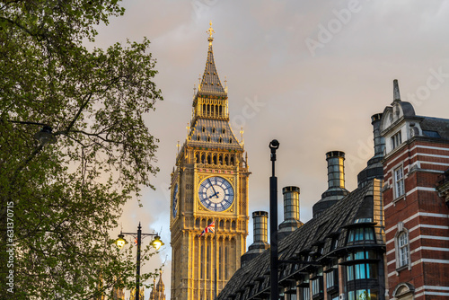 Elizabeth Tower with Big Ben, the Great Bell of the Great Clock, at the Palace of Westminster in London. Big Ben is a nickname for the Great Bell but is often used for the clock and the clock tower. 

